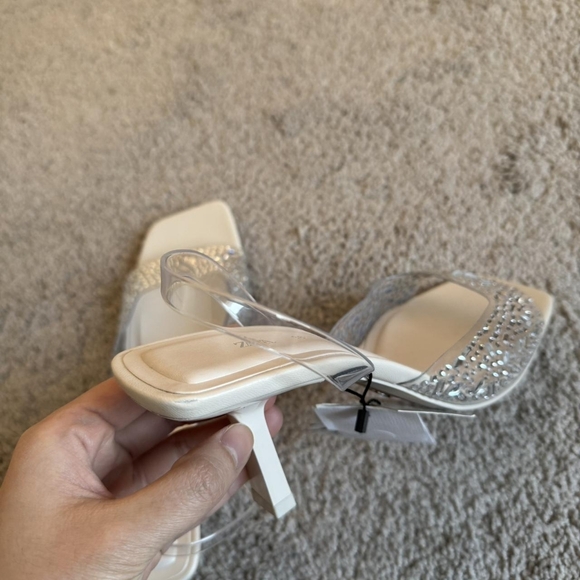 Zara White and Cream Rhinestone Vinyl Square-toe Heeled Sandals - Picture 2 of 8